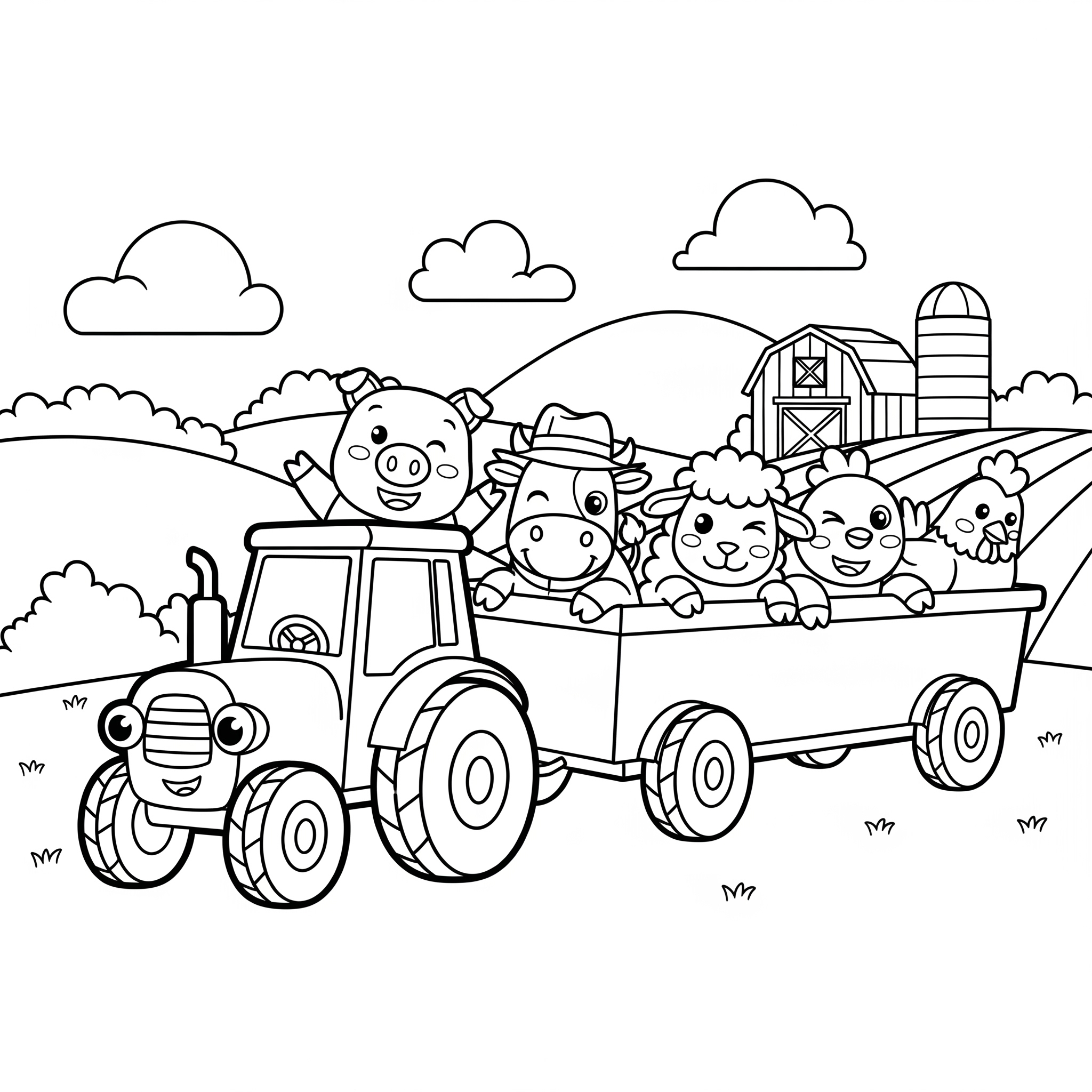 Kolorowanka Traktor ze zwierzętami wiejskimi