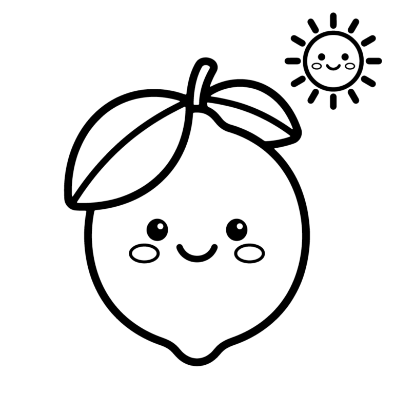 Na obrazku znajduje się wesoła, duża cytryna z listkami oraz uśmiechnięte słoneczko na czystym tle.