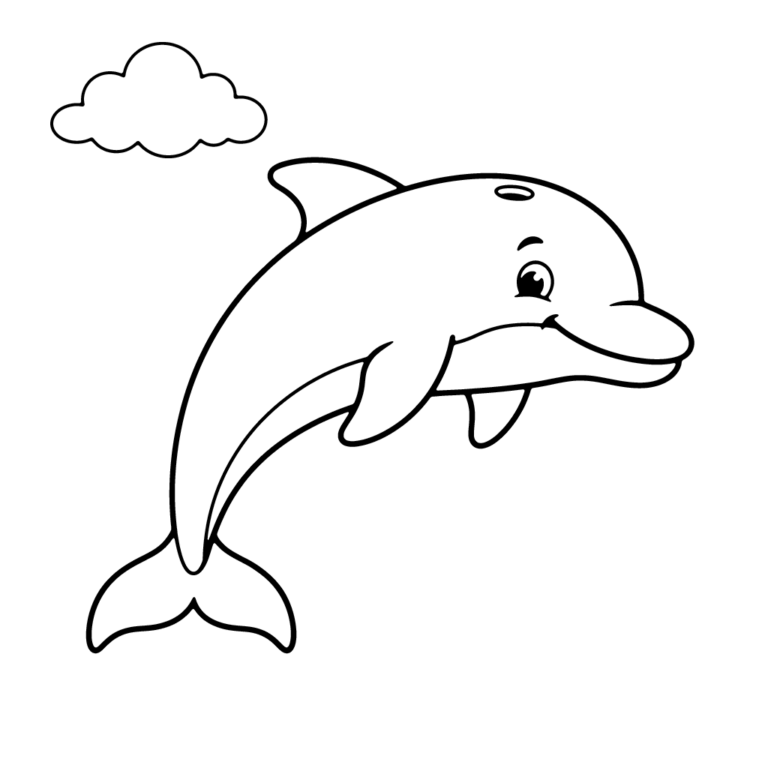 Na obrazku znajduje się duży, uśmiechnięty delfin wyskakujący wesoło pod pojedynczą chmurką.