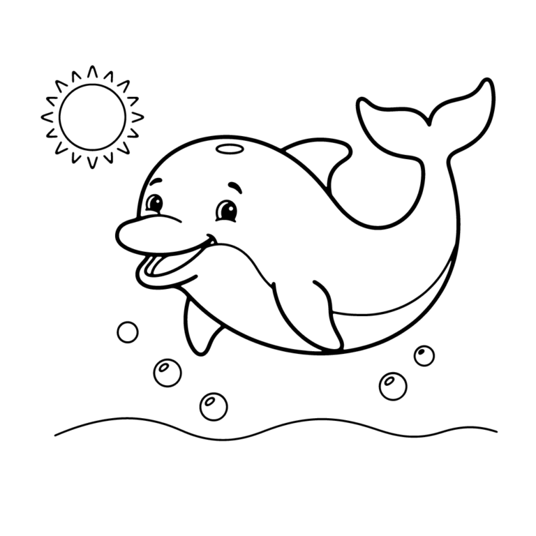 Na obrazku znajduje się uśmiechnięty delfin wyskakujący z wody nad falami, w pobliżu świecącego słońca i bąbelków.