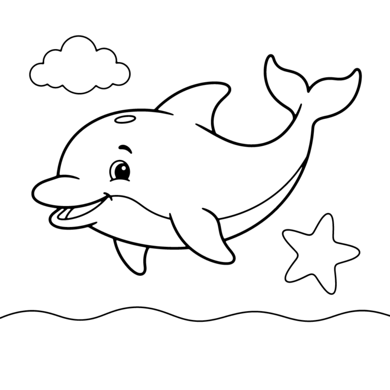 Na obrazku znajduje się duży, uśmiechnięty delfin wyskakujący z wody obok samotnej rozgwiazdy pod chmurką.