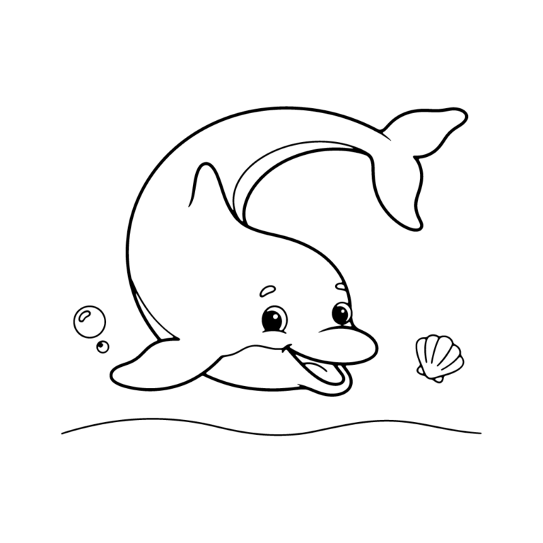 Na obrazku znajduje się uśmiechnięty delfin wyskakujący z wody w pobliżu muszelki i bąbelków.