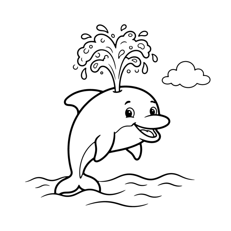 Na obrazku znajduje się duży, uśmiechnięty delfin wypuszczający na środku radosną fontannę wody pod małą chmurką.