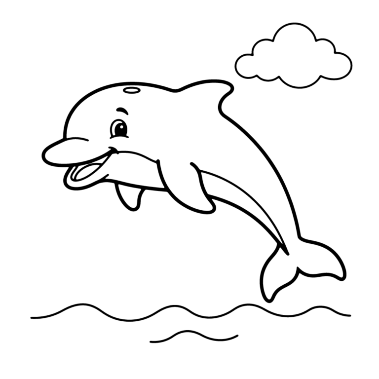Na obrazku znajduje się duży, uśmiechnięty delfin wyskakujący z fal w kierunku chmurki.