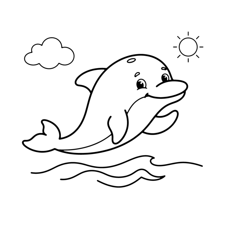 Na obrazku znajduje się duży, uśmiechnięty delfin, który wesoło wyskakuje z fal na tle chmurki i słońca.
