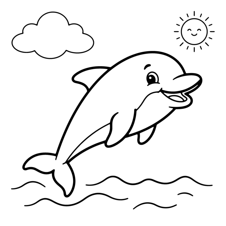 Na obrazku znajduje się duży, uśmiechnięty delfin wyskakujący z fal na środku, pod puszystą chmurką i uśmiechniętym słoneczkiem.