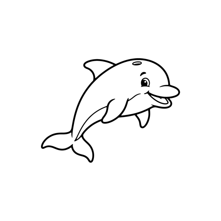 Na obrazku znajduje się uśmiechnięty delfin przepływający tuż obok małej muszelki na dnie.