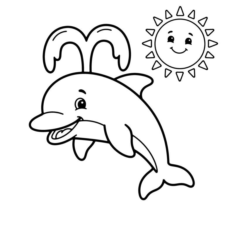 Na obrazku znajduje się uśmiechnięty delfin wypuszczający z grzbietu wodną fontannę pod ciepłym, uśmiechniętym słońcem.