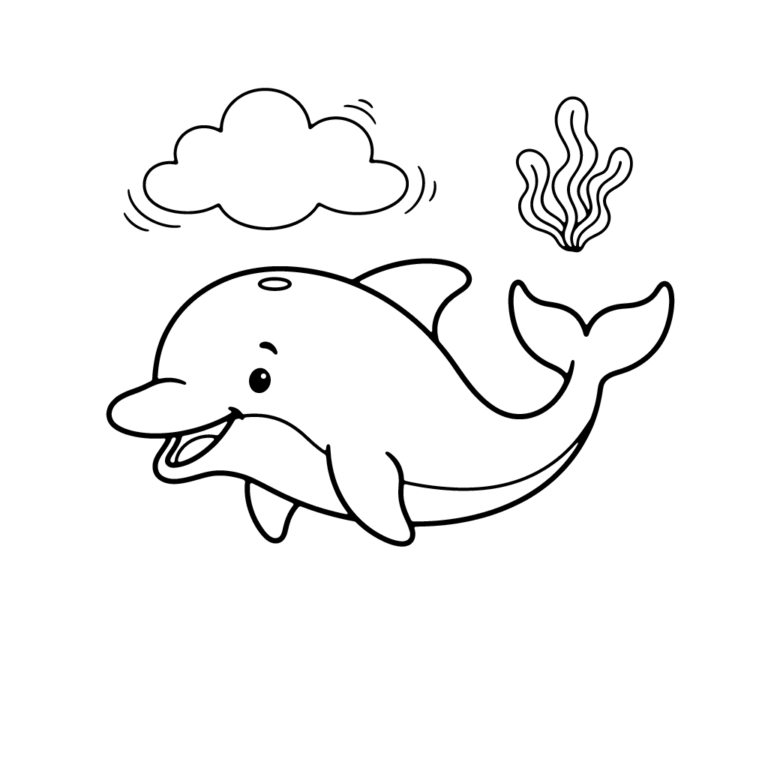 Na obrazku znajduje się uśmiechnięty delfin pływający wesoło obok puszystej chmurki i małej roślinki wodnej.