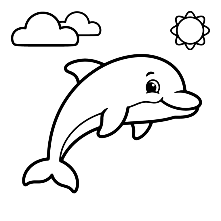 Na obrazku znajduje się uśmiechnięty delfin wyskakujący nad prościutką falę wody.