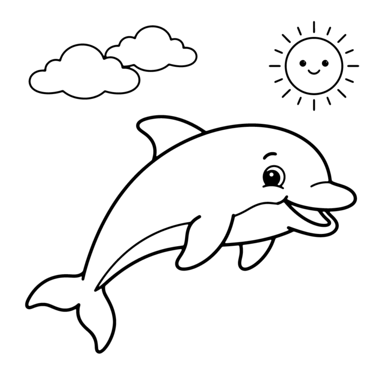 Na obrazku znajduje się radosny, uśmiechnięty delfin, nad którym unoszą się puszyste chmurki i świeci uśmiechnięte słońce.