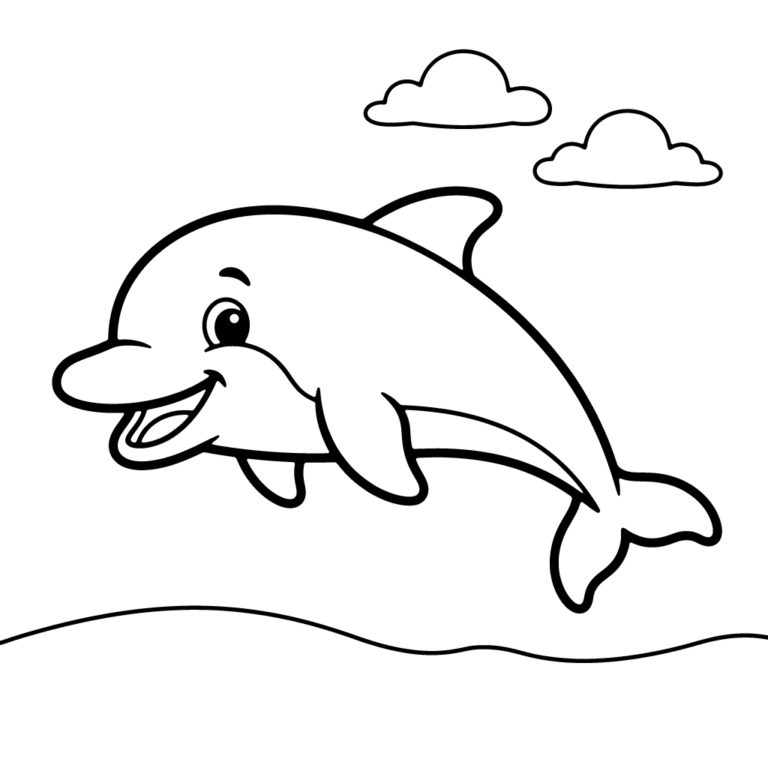 Na obrazku znajduje się uśmiechnięty delfin, który wyskakuje z prostej fali oceanu, a nad nim unoszą się dwie chmurki.