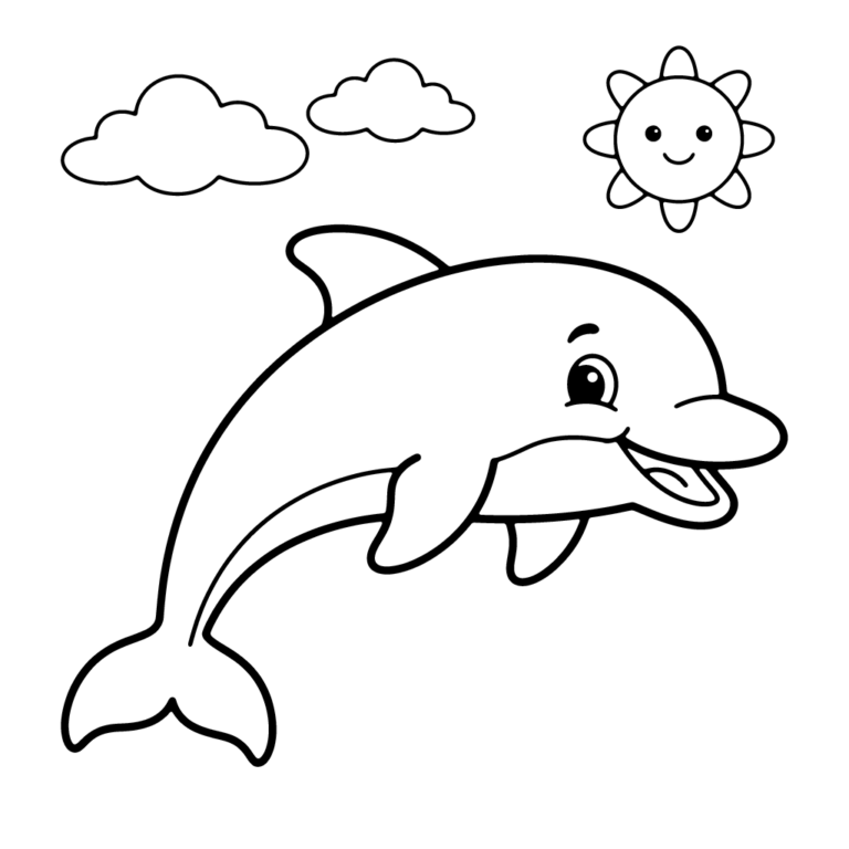 Na obrazku znajduje się duży, radosny delfin z otwartą buzią, który płynie wesoło pod dwiema chmurkami i uśmiechniętym słońcem.
