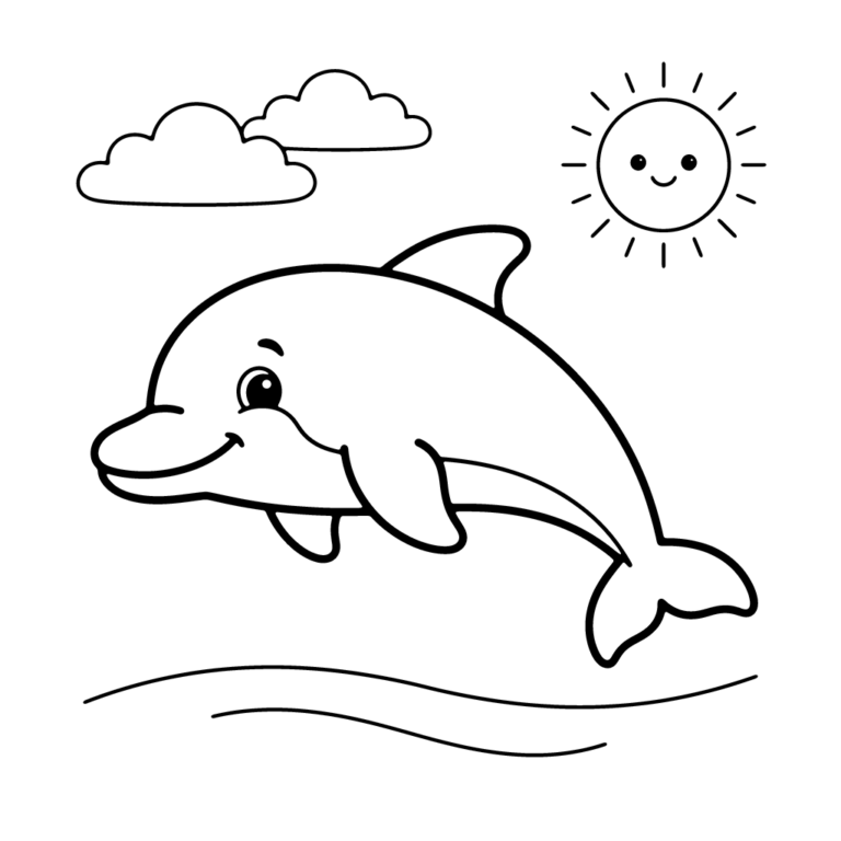 Na obrazku znajduje się duży, wesoło uśmiechnięty delfin, który płynie tuż pod powierzchnią wody, a nad nim świeci słoneczko i unoszą się chmurki.