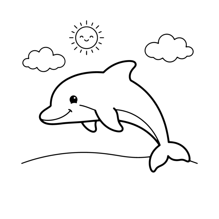 Na obrazku znajduje się uśmiechnięty delfin, który wesoło wyskakuje ponad prostą linię wody, a nad nim świeci słońce i unoszą się chmurki.