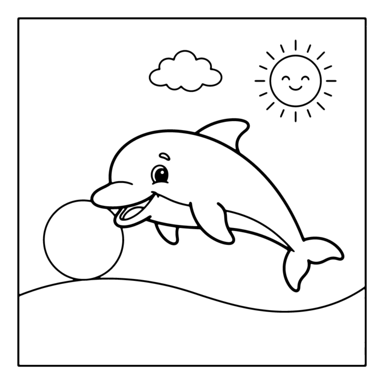 Na obrazku znajduje się uśmiechnięty delfin, który pływa tuż nad powierzchnią wody i pcha noskiem dużą, okrągłą piłkę.