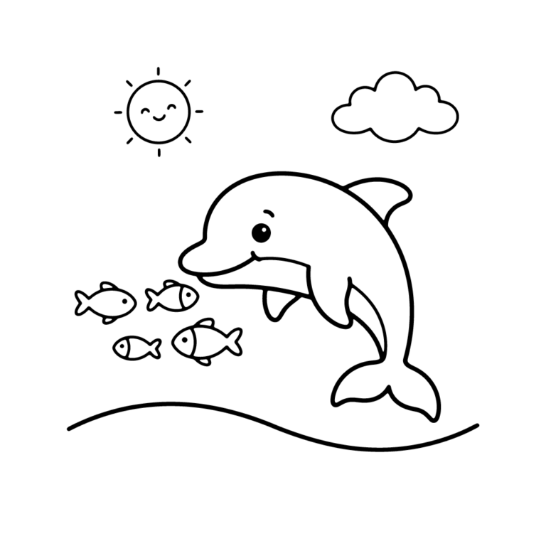 Na obrazku znajduje się przyjazny, uśmiechnięty delfin pływający tuż obok małej ławicy trzech rybek.