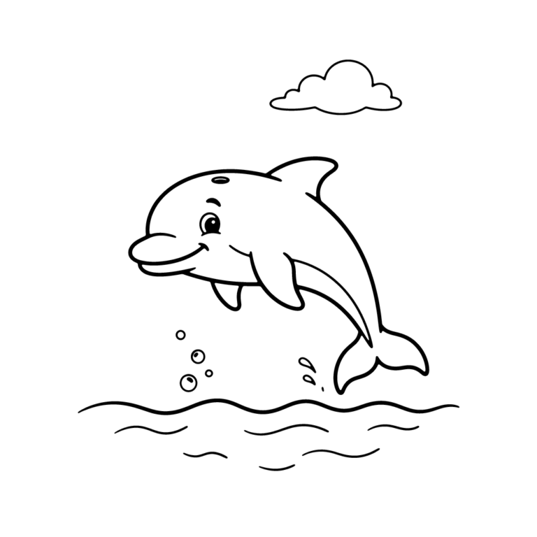Na obrazku znajduje się uśmiechnięty delfin płynący pod małą, puszystą chmurką.