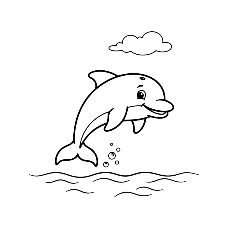 Na obrazku znajduje się radosny delfin wyskakujący z fal oceanu w otoczeniu bąbelków powietrza.