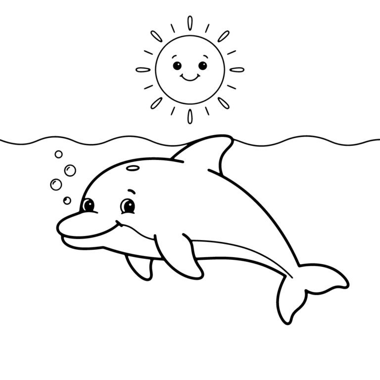 Na obrazku znajduje się wesoły delfin pływający tuż pod powierzchnią wody, a nad nim świeci uśmiechnięte słoneczko.
