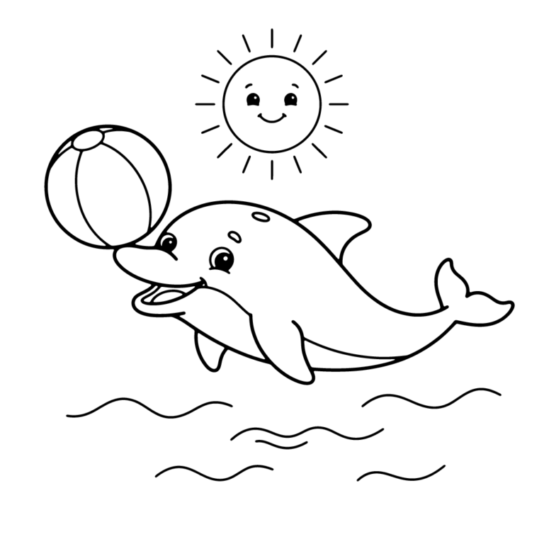 Na obrazku znajduje się uśmiechnięty delfin, który z radością podbija nosem dużą, pasiastą piłkę plażową.