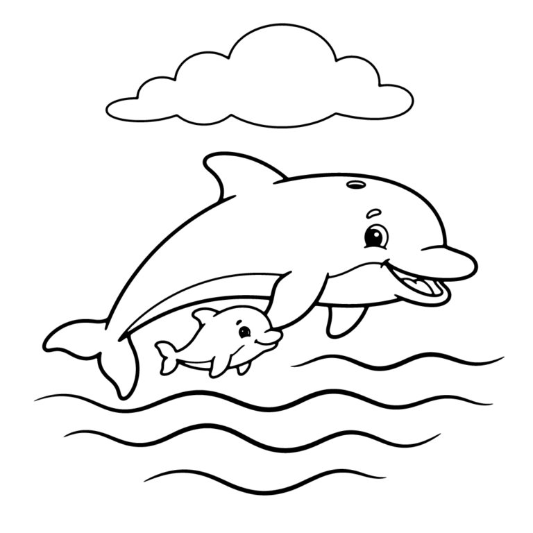 Na obrazku znajduje się uśmiechnięta mama delfin płynąca tuż obok swojego wesołego, małego delfinka.