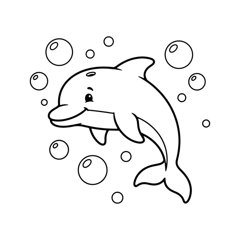 Na obrazku znajduje się uśmiechnięty delfin płynący w otoczeniu dużych, okrągłych bąbelków.