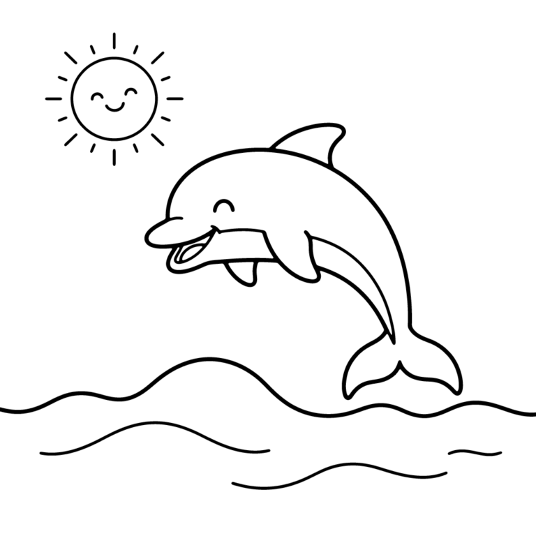 Na obrazku znajduje się uśmiechnięty delfin wyskakujący ponad morskie fale w towarzystwie radosnego słońca.