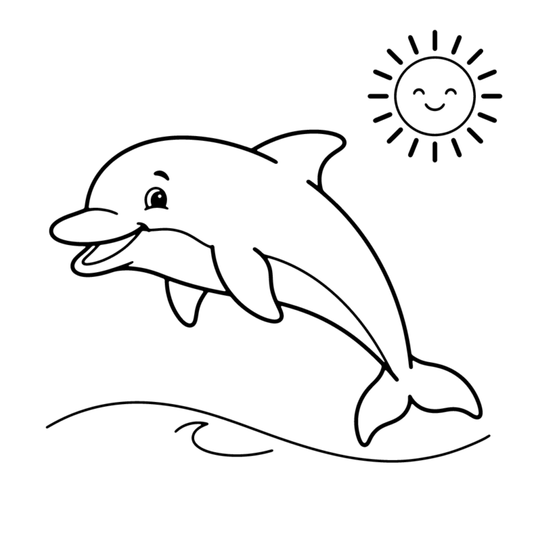 Na obrazku znajduje się uśmiechnięty delfin wyskakujący z wody pod radosnym, świecącym słońcem.