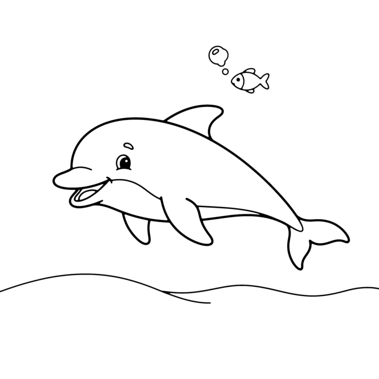 Na obrazku znajduje się uśmiechnięty delfin płynący w morzu, nad którym unosi się mała rybka wypuszczająca bąbelki.