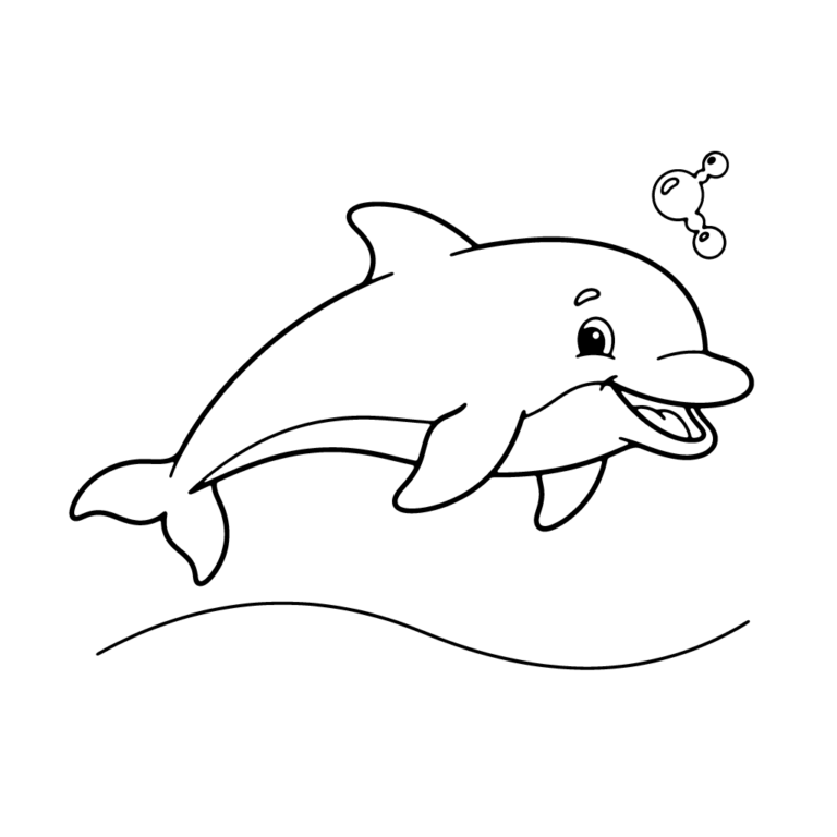 Na obrazku znajduje się wesoły delfin z otwartą buzią, płynący tuż nad falą i puszczający w górę trzy małe bąbelki.