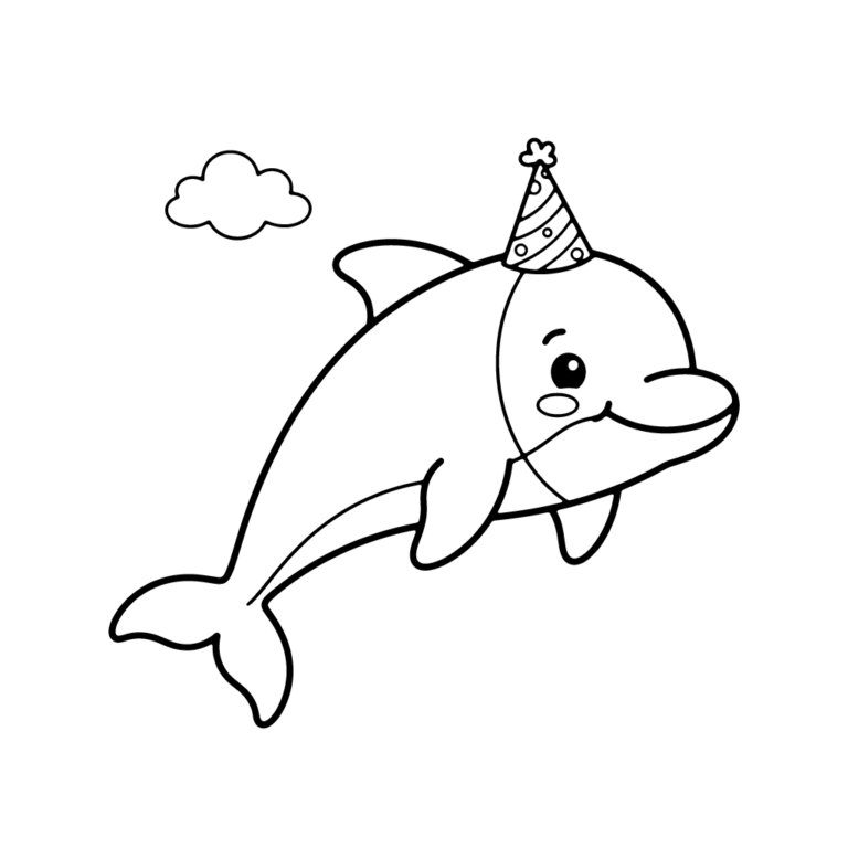 Na obrazku znajduje się uśmiechnięty mały delfin w odświętnej czapeczce pod małą chmurką.