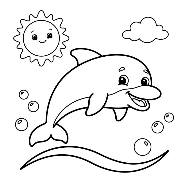 Na obrazku znajduje się uśmiechnięty delfin wyskakujący z fali oceanu w otoczeniu bąbelków, radosnego słońca i chmurki.