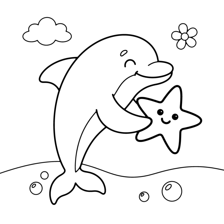 Na obrazku znajduje się uśmiechnięty delfin, który trzyma w płetwie fioletową, uśmiechniętą rozgwiazdę, w otoczeniu bąbelków, chmurki i kwiatka.