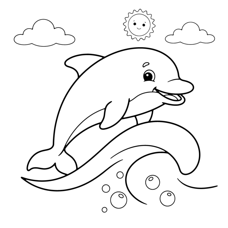 Na obrazku znajduje się uśmiechnięty delfin, który wesoło skacze przez dużą, spienioną falę, w otoczeniu bąbelków, słoneczka i chmurek.