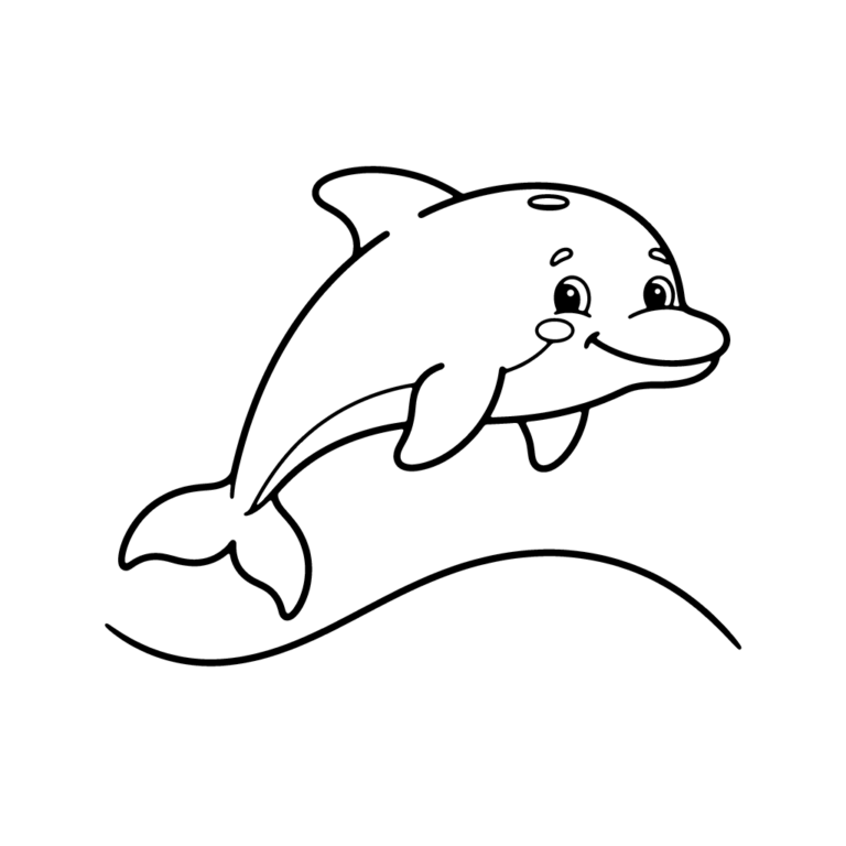 Na obrazku znajduje się uśmiechnięty delfin przepływający nad pojedynczą, łagodną falą oceanu.