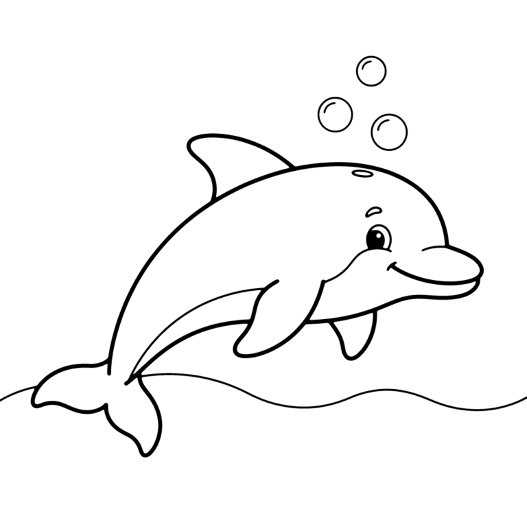 Na obrazku znajduje się uśmiechnięty delfin, który radośnie wyskakuje z wody i puszcza w górę trzy bąbelki.