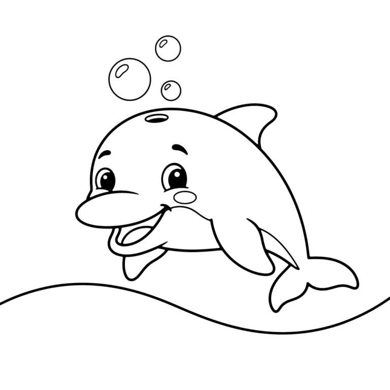 Na obrazku znajduje się uśmiechnięty delfin, który wynurza się z wody i wesoło puszcza w górę trzy duże bąbelki.