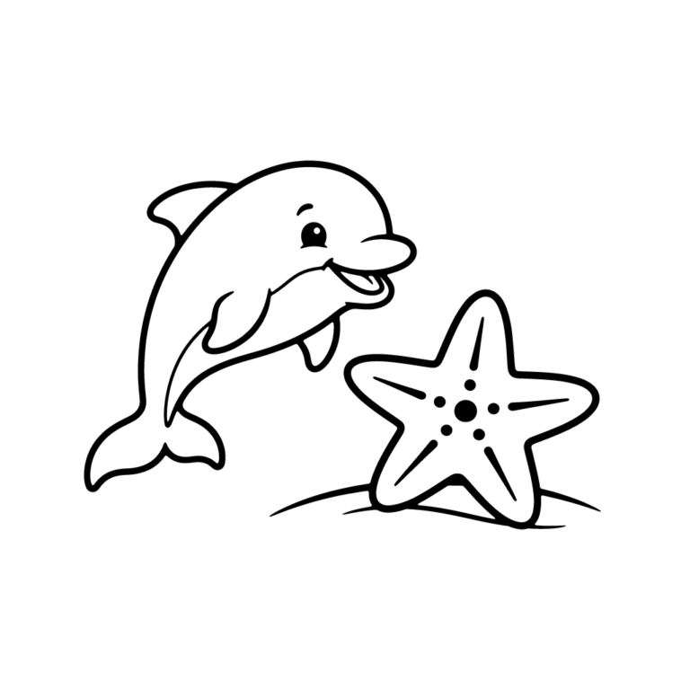 Na obrazku znajduje się przyjazny, uśmiechnięty delfin płynący obok dużej, sympatycznej rozgwiazdy.