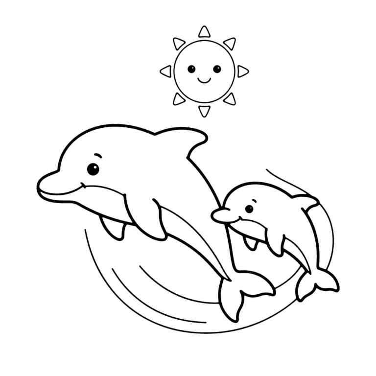 Na obrazku znajduje się uśmiechnięta mama delfin z małym delfiniakiem wyskakujące z fal pod radosnym słoneczkiem.