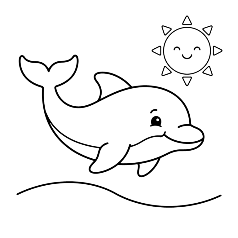 Na obrazku znajduje się duży, uśmiechnięty delfin wyskakujący wesoło z fali wprost ku promieniom radosnego słońca.