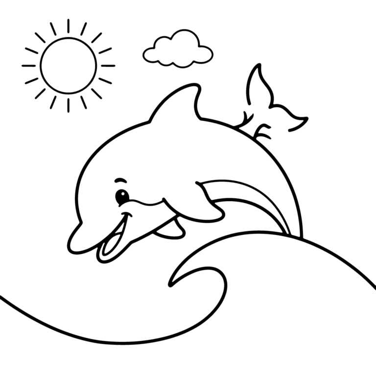 Na obrazku znajduje się uśmiechnięty delfin wyskakujący z fali oceanu pod słońcem i chmurką.