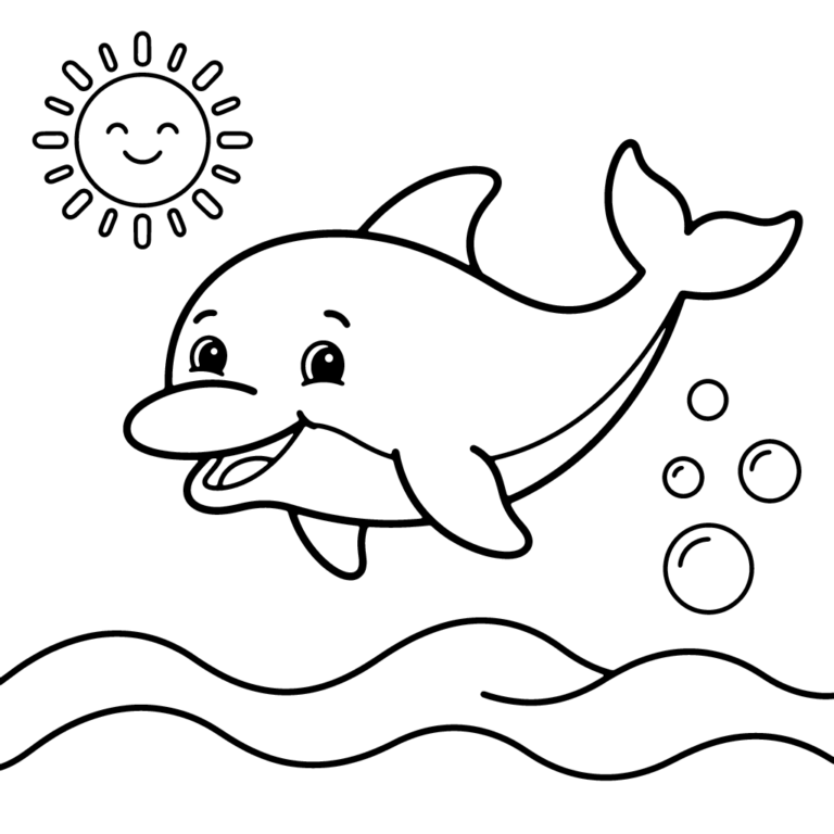 Na obrazku znajduje się uśmiechnięty delfin pływający wśród fal pod radosnym słońcem i bąbelkami.