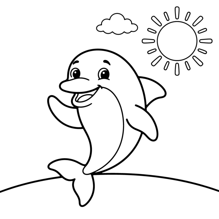 Na obrazku znajduje się wesoły, uśmiechnięty delfin, który wyskakuje z wody i macha płetwą na powitanie pod słonecznym niebem.
