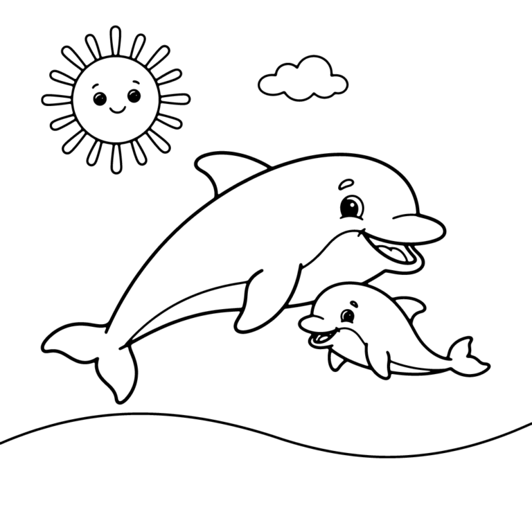 Na obrazku znajduje się duża mama delfin płynąca czule obok swojego małego delfinka, pod wesołym słońcem i chmurką.
