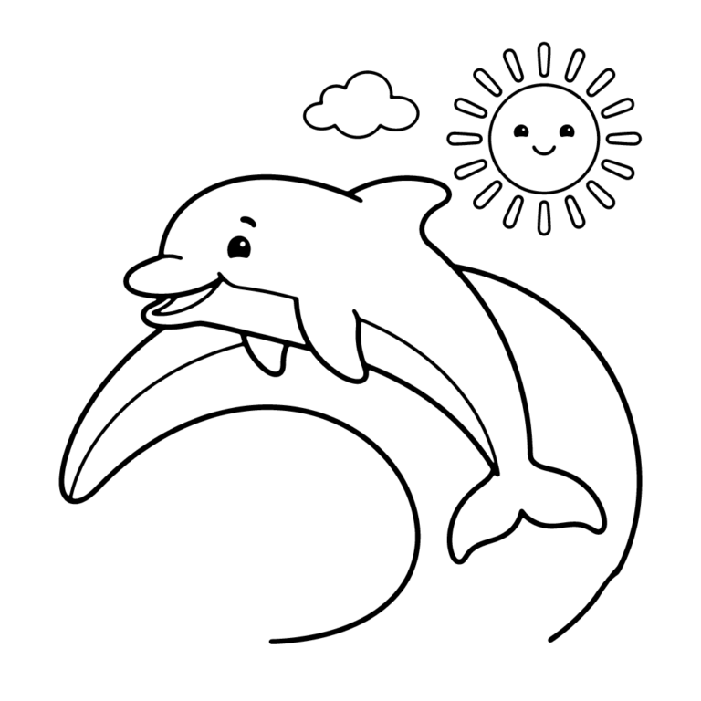 Na obrazku znajduje się radosny delfin wyskakujący wysoko ponad dużą, zakrzywioną falą oceanu pod uśmiechniętym słońcem i chmurką.