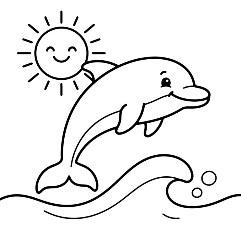 Na obrazku znajduje się wesoły delfin wyskakujący nad morską falą w towarzystwie uśmiechniętego słońca.