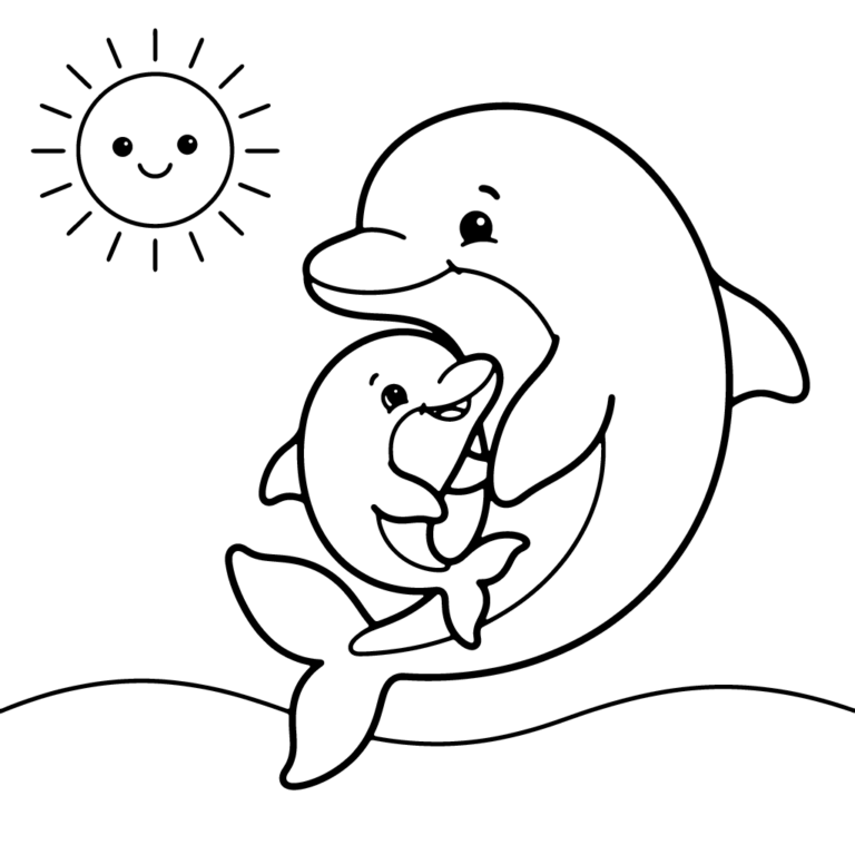 Na obrazku znajduje się duża, uśmiechnięta mama delfin, która czule przytula do siebie małego delfinka, a w górnym rogu widać wesołe słoneczko.