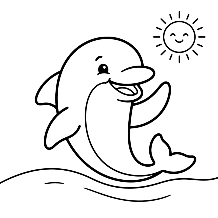 Na obrazku znajduje się sympatyczny, uśmiechnięty delfin, który wyskakuje z morskiej fali i radośnie macha płetwą do uśmiechniętego słoneczka.