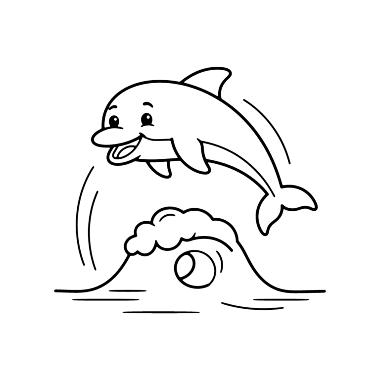 Na obrazku znajduje się uśmiechnięty delfin wyskakujący ponad prostą morską falę.